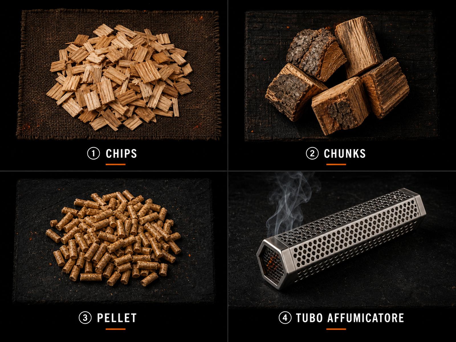 Chips, chunks, pellet e tubo affumicatore a confronto